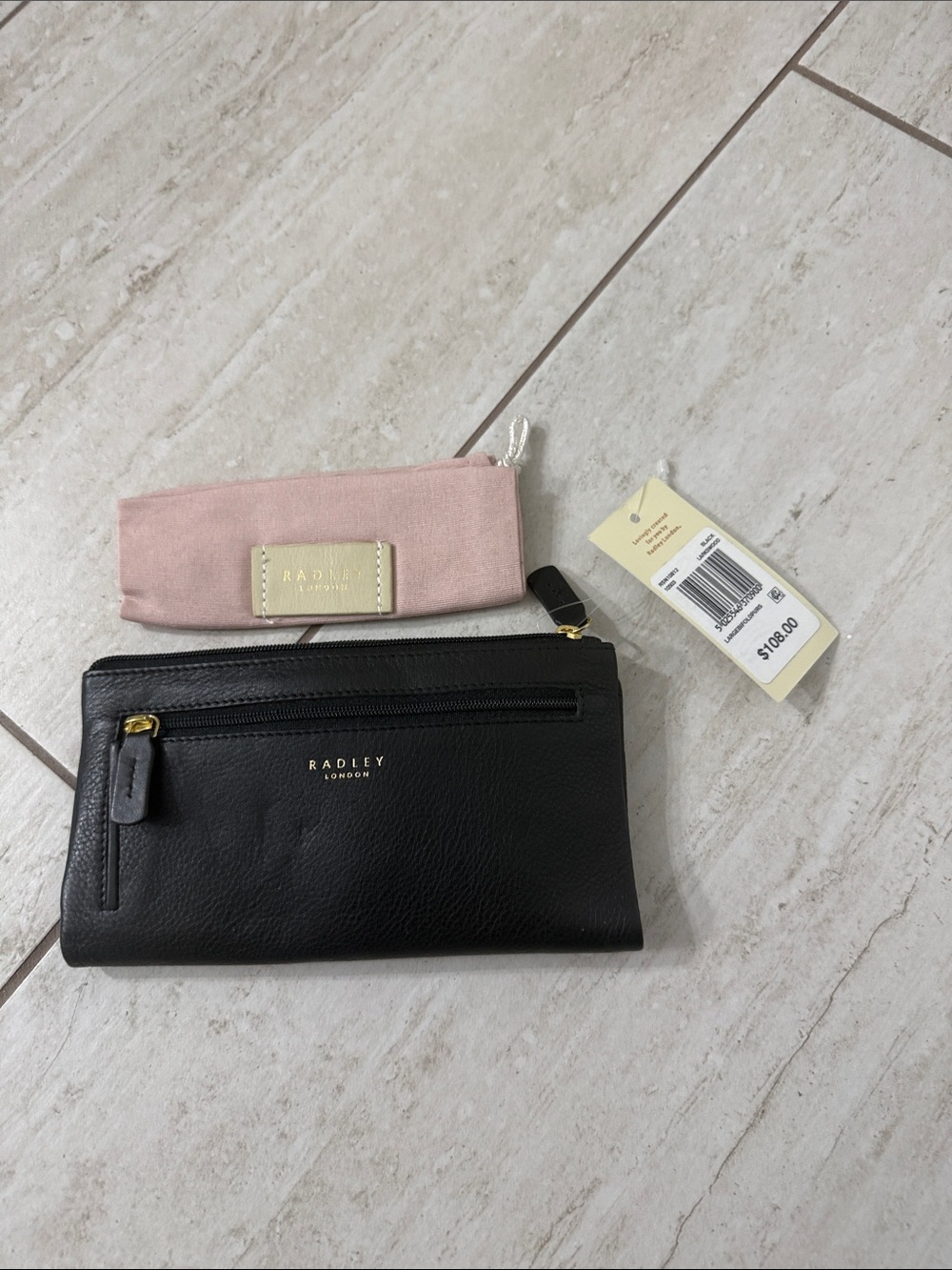 RADLEY LONDON Black Leather Zip Wallet with Pink Accessory Pouch.. nwt ..